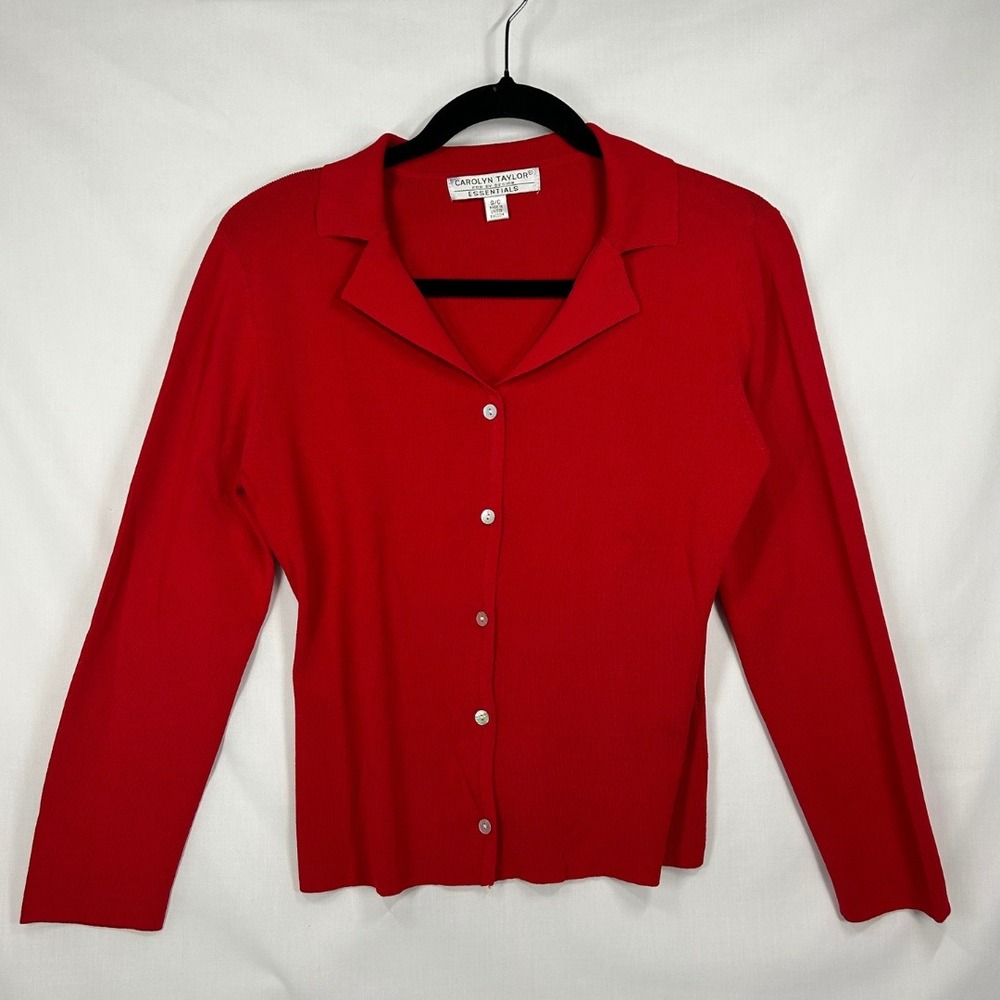 Vintage Carolyn Taylor Red Collared Button Front Knit Cardigan Sweater Top (S)
